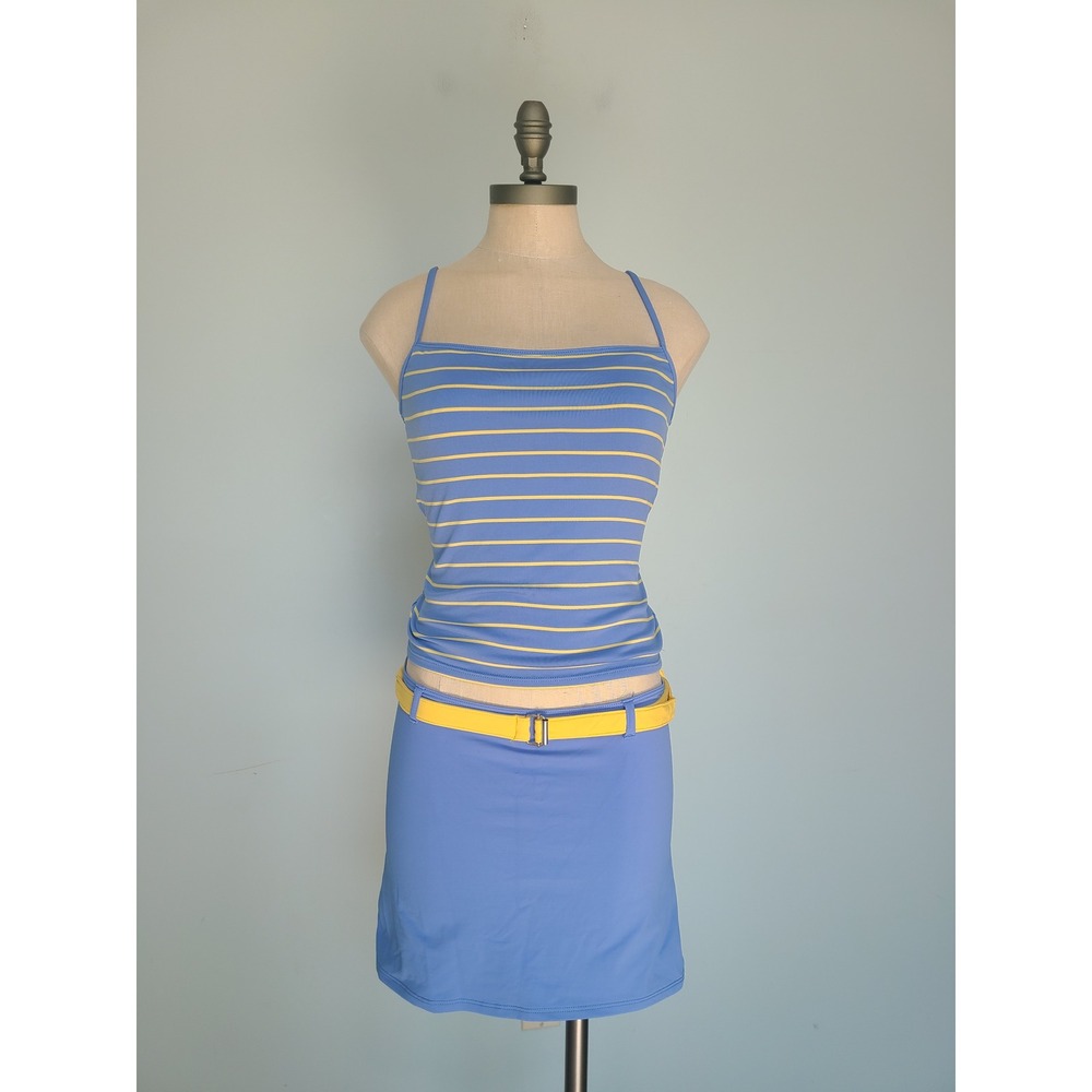 VTG Ralph Lauren L Two Piece Swimsuit Cami Top Skirt Belt Stripes‎ Old Money Y2K